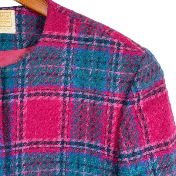 Vintage Pendleton Pink Teal Plaid Wool Cropped Jacket Jewel Buttons USA 10